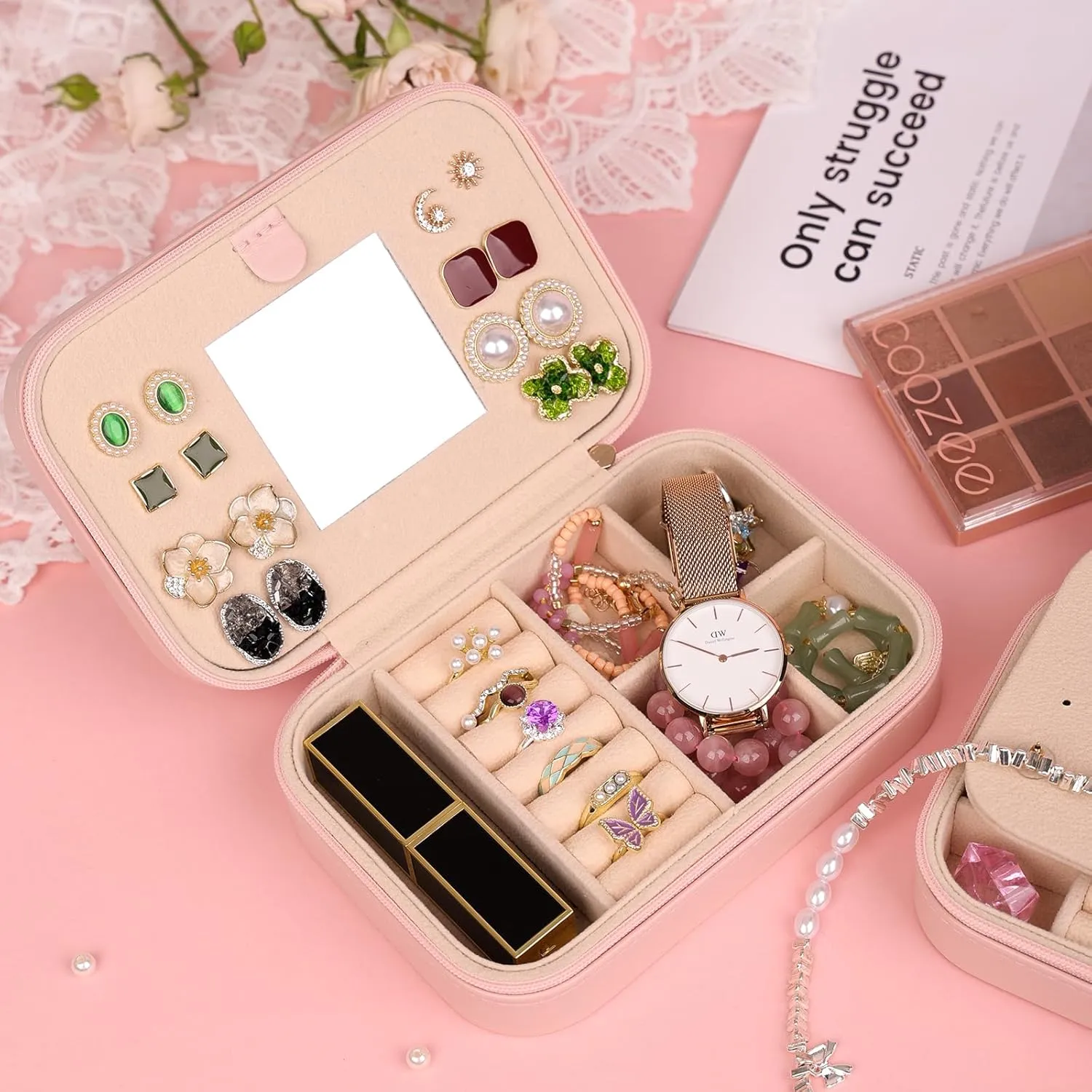 TopPerfekt Travel Jewelry Case, Jewelry Box with Mirror, Jewelry Organizer Bridal Shower Gifts to Her, Earring Storage Travel Case, Trendy Gift for Women and Girls, Girlfriend-Letter E, Pink