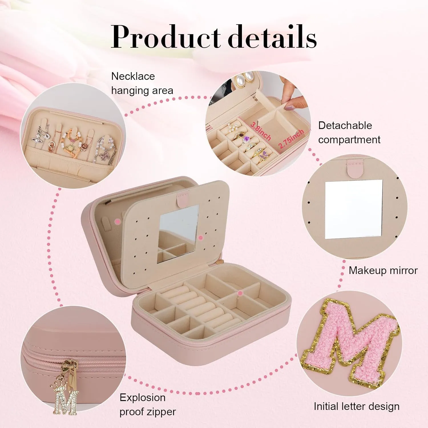 TopPerfekt Travel Jewelry Case, Jewelry Box with Mirror, Jewelry Organizer Bridal Shower Gifts to Her, Earring Storage Travel Case, Trendy Gift for Women and Girls, Girlfriend-Letter E, Pink
