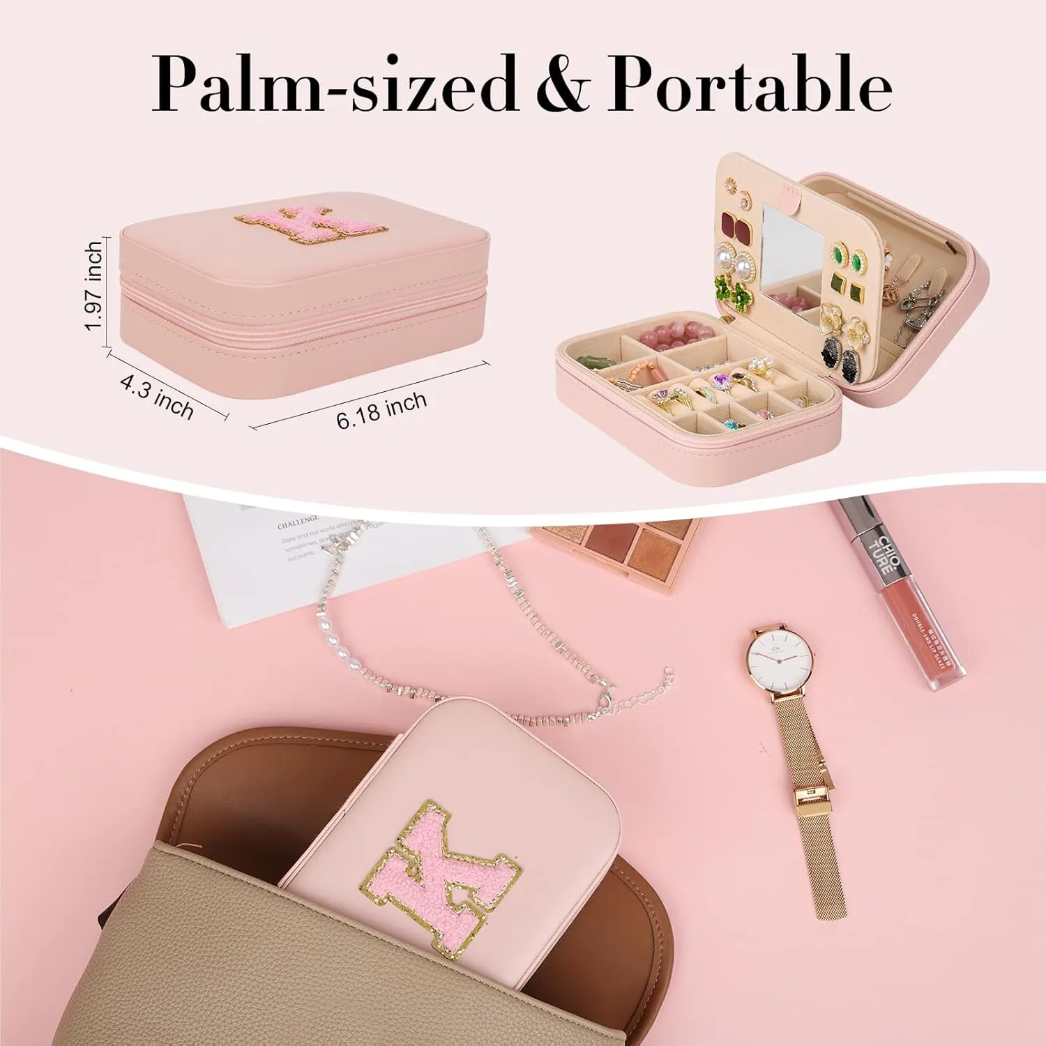 TopPerfekt Travel Jewelry Case, Jewelry Box with Mirror, Jewelry Organizer Bridal Shower Gifts to Her, Earring Storage Travel Case, Trendy Gift for Women and Girls, Girlfriend-Letter E, Pink