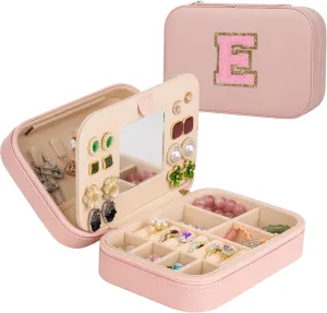 TopPerfekt Travel Jewelry Case, Jewelry Box with Mirror, Jewelry Organizer Bridal Shower Gifts to Her, Earring Storage Travel Case, Trendy Gift for Women and Girls, Girlfriend-Letter E, Pink