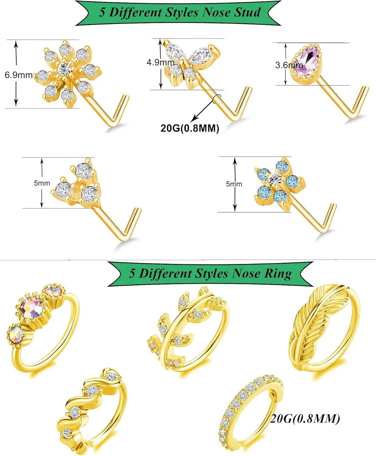 Tornito 10Pcs Nose Ring Hoop Paved Flower Leaf Feather CZ Cartilage Earrings Nose Piercing Jewelry for Women Men Silver Gold Rose Gold Tone 20G