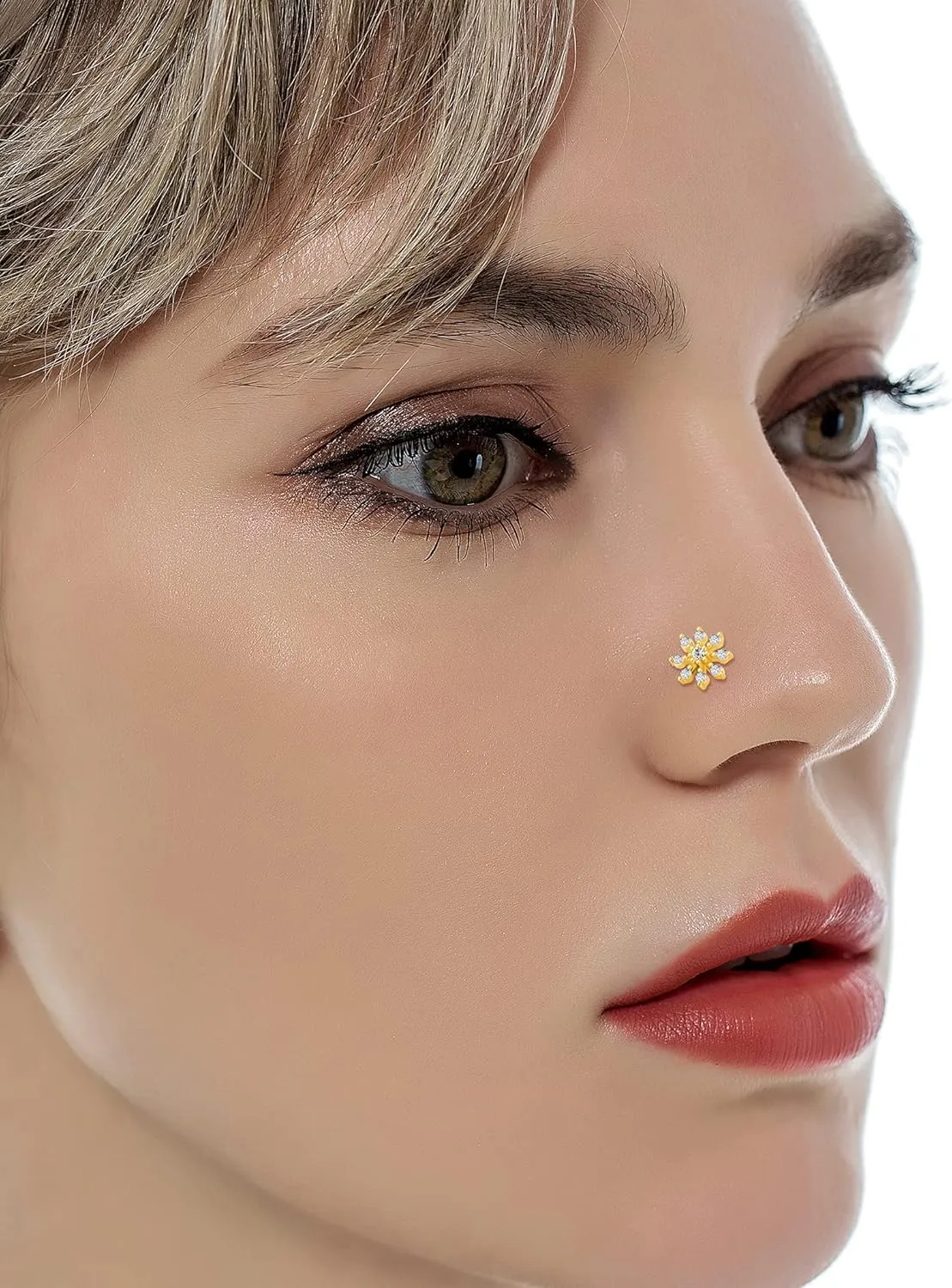 Tornito 10Pcs Nose Ring Hoop Paved Flower Leaf Feather CZ Cartilage Earrings Nose Piercing Jewelry for Women Men Silver Gold Rose Gold Tone 20G