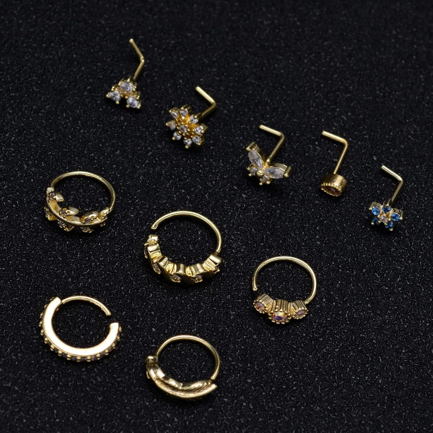 Tornito 10Pcs Nose Ring Hoop Paved Flower Leaf Feather CZ Cartilage Earrings Nose Piercing Jewelry for Women Men Silver Gold Rose Gold Tone 20G