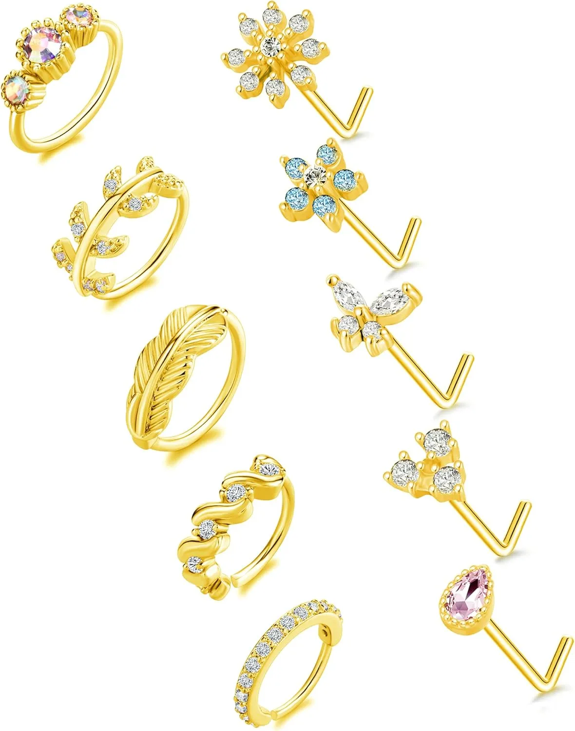 Tornito 10Pcs Nose Ring Hoop Paved Flower Leaf Feather CZ Cartilage Earrings Nose Piercing Jewelry for Women Men Silver Gold Rose Gold Tone 20G