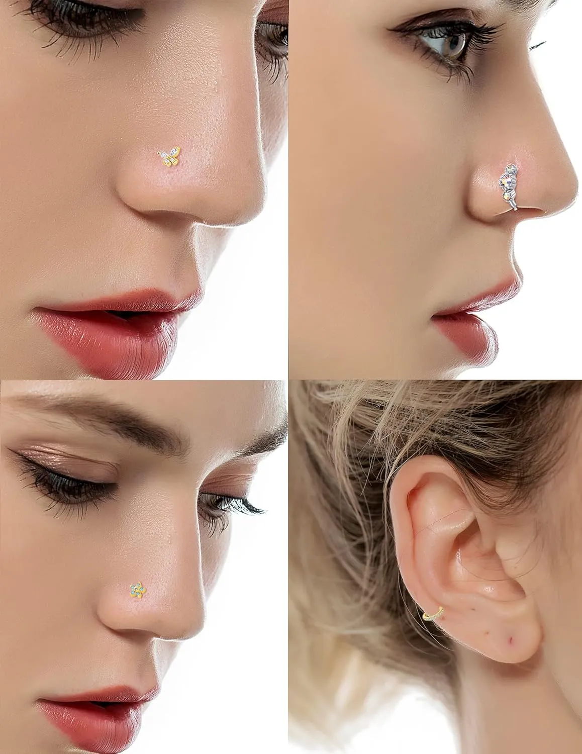 Tornito 10Pcs Nose Ring Hoop Paved Flower Leaf Feather CZ Cartilage Earrings Nose Piercing Jewelry for Women Men Silver Gold Rose Gold Tone 20G