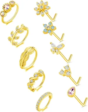 Tornito 10Pcs Nose Ring Hoop Paved Flower Leaf Feather CZ Cartilage Earrings Nose Piercing Jewelry for Women Men Silver Gold Rose Gold Tone 20G