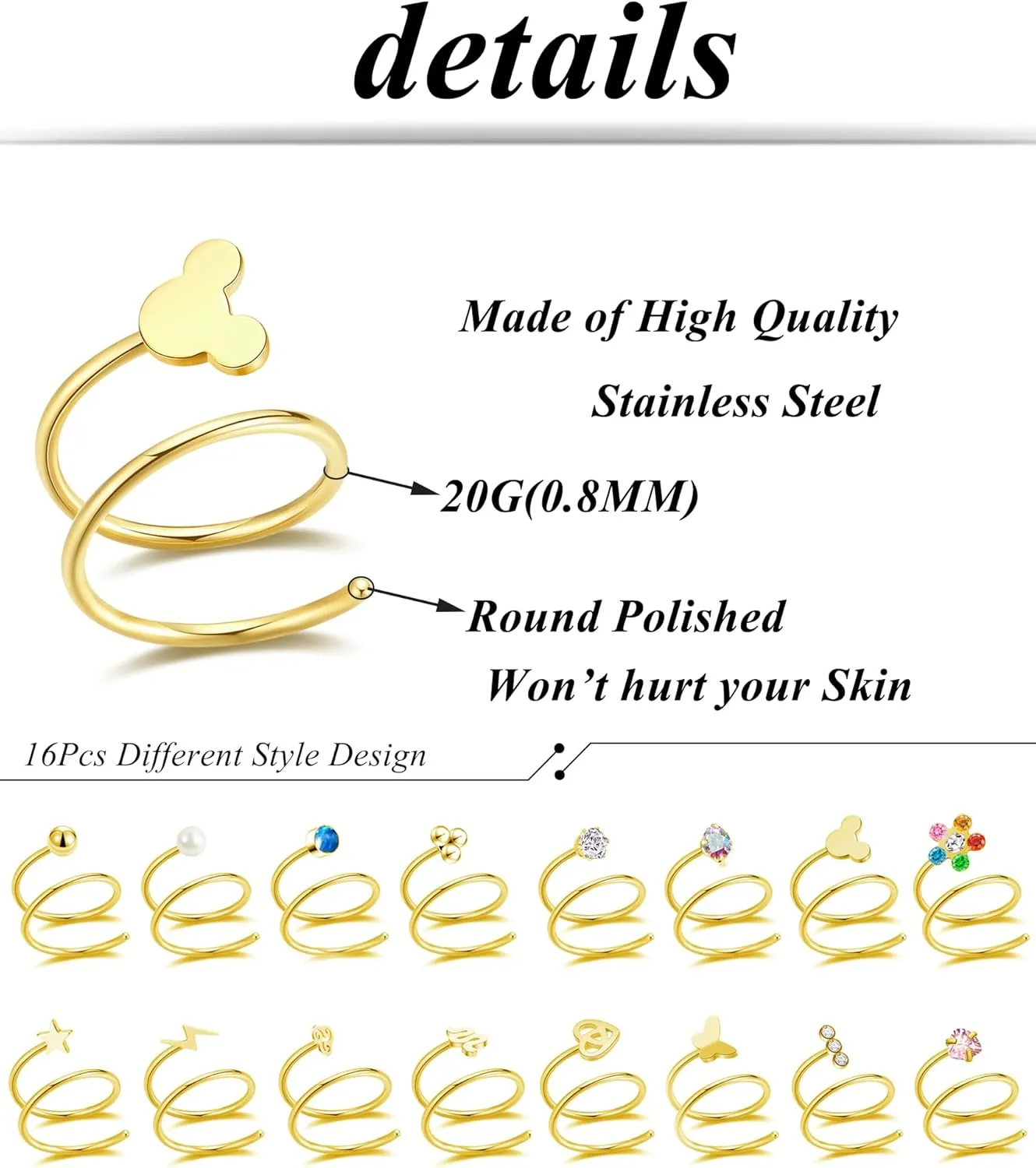 Tornito 16Pcs Double Nose Ring Hoop for Single Piercing Butterfly Lightning Pearl Ball Snake Shiny CZ Twisted Double Hoop Earring for Women 20G Silver Gold Tone