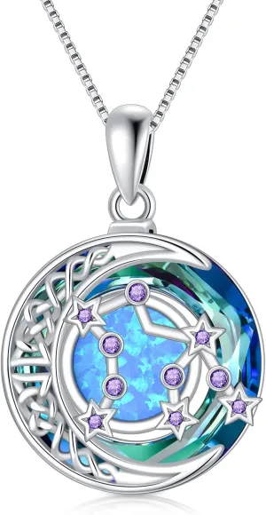 TOUPOP Zodiac Constellation Necklace 925 Sterling Silver Celtic Moon Astrology Horoscope Pendant Necklaces Blue Crystal and Opal Jewelry Birthday Christmas Gifts for Women Her