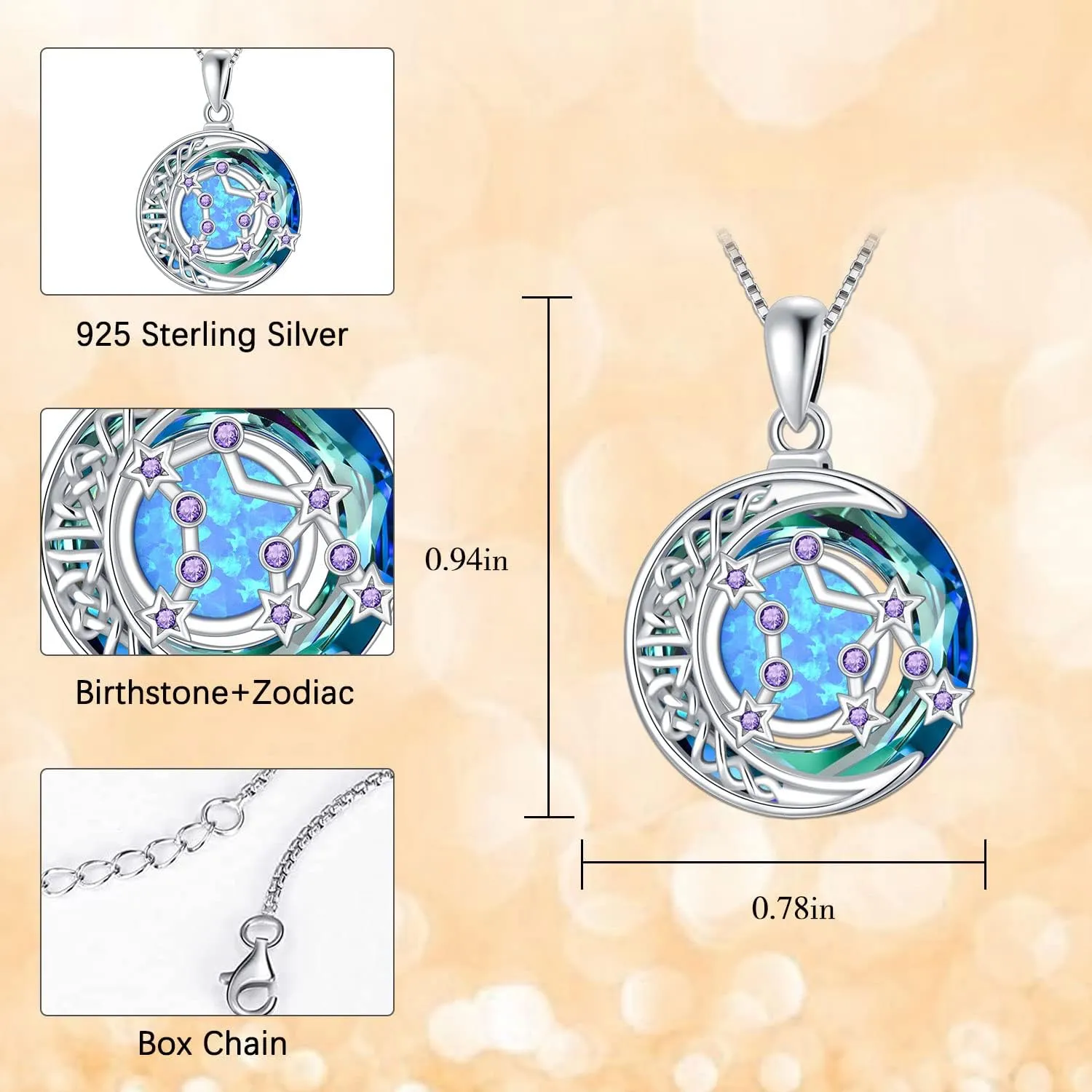 TOUPOP Zodiac Constellation Necklace 925 Sterling Silver Celtic Moon Astrology Horoscope Pendant Necklaces Blue Crystal and Opal Jewelry Birthday Christmas Gifts for Women Her