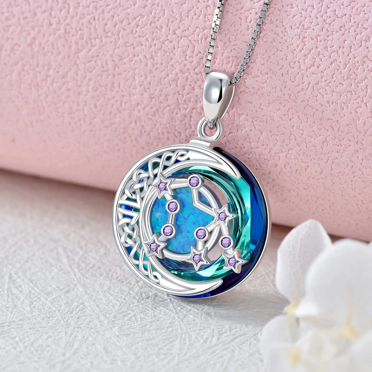 TOUPOP Zodiac Constellation Necklace 925 Sterling Silver Celtic Moon Astrology Horoscope Pendant Necklaces Blue Crystal and Opal Jewelry Birthday Christmas Gifts for Women Her