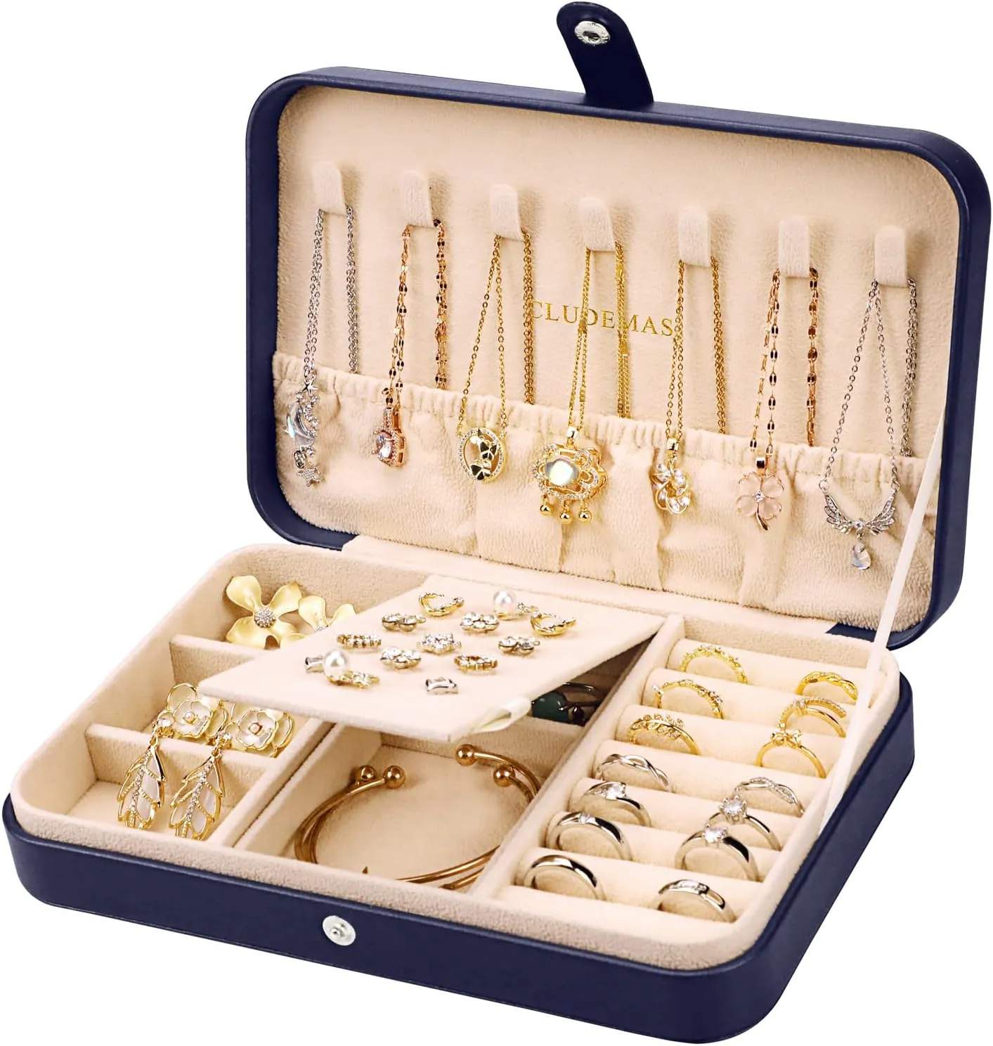 Travel Jewelry Box Case Organizer for Women Girls, PU Leather Small Jewelry Storage Boxes, Portable Display Jewellery Holder for Watch Rings Earrings Necklaces Bracelets Men Gift, Navy Blue