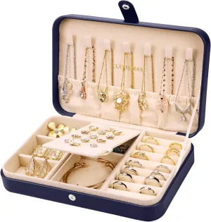 Travel Jewelry Box Case Organizer for Women Girls, PU Leather Small Jewelry Storage Boxes, Portable Display Jewellery Holder for Watch Rings Earrings Necklaces Bracelets Men Gift, Navy Blue
