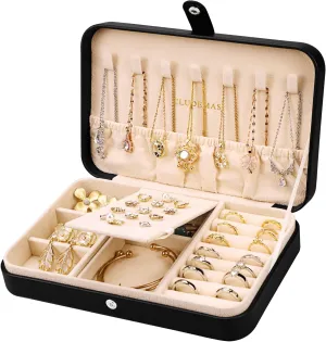 Travel Jewelry Box Case Organizer for Women Girls, PU Leather Small Jewelry Storage Boxes, Portable Display Jewellery Holder for Watch Rings Earrings Necklaces Bracelets Men Kids Gift, Black