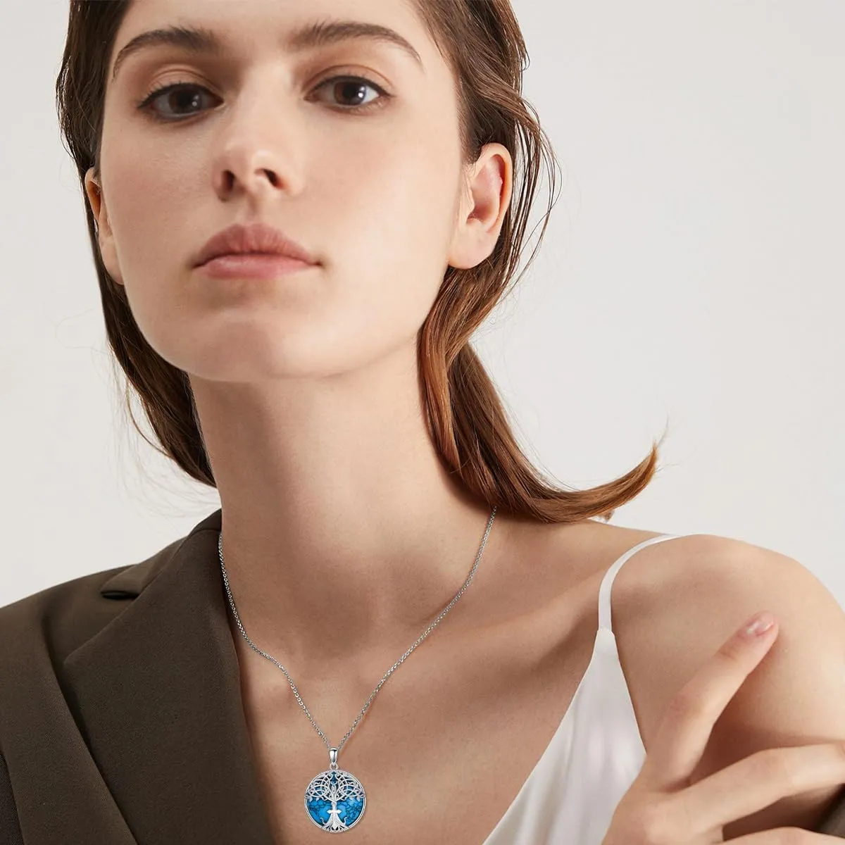 Tree of Life Necklace 925 Sterling Silver Turquoise Celtic Knot Cross/Flower of Life Necklace Family Tree Pendant Celtics Tree Necklaces Religious Jewelry Gifts for Women