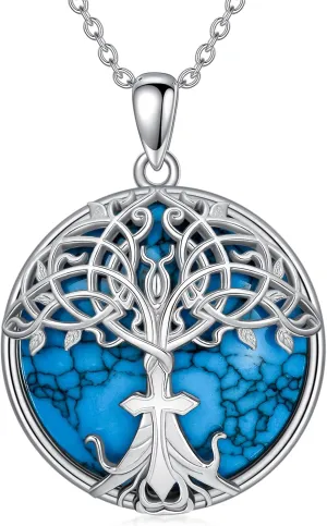 Tree of Life Necklace 925 Sterling Silver Turquoise Celtic Knot Cross/Flower of Life Necklace Family Tree Pendant Celtics Tree Necklaces Religious Jewelry Gifts for Women