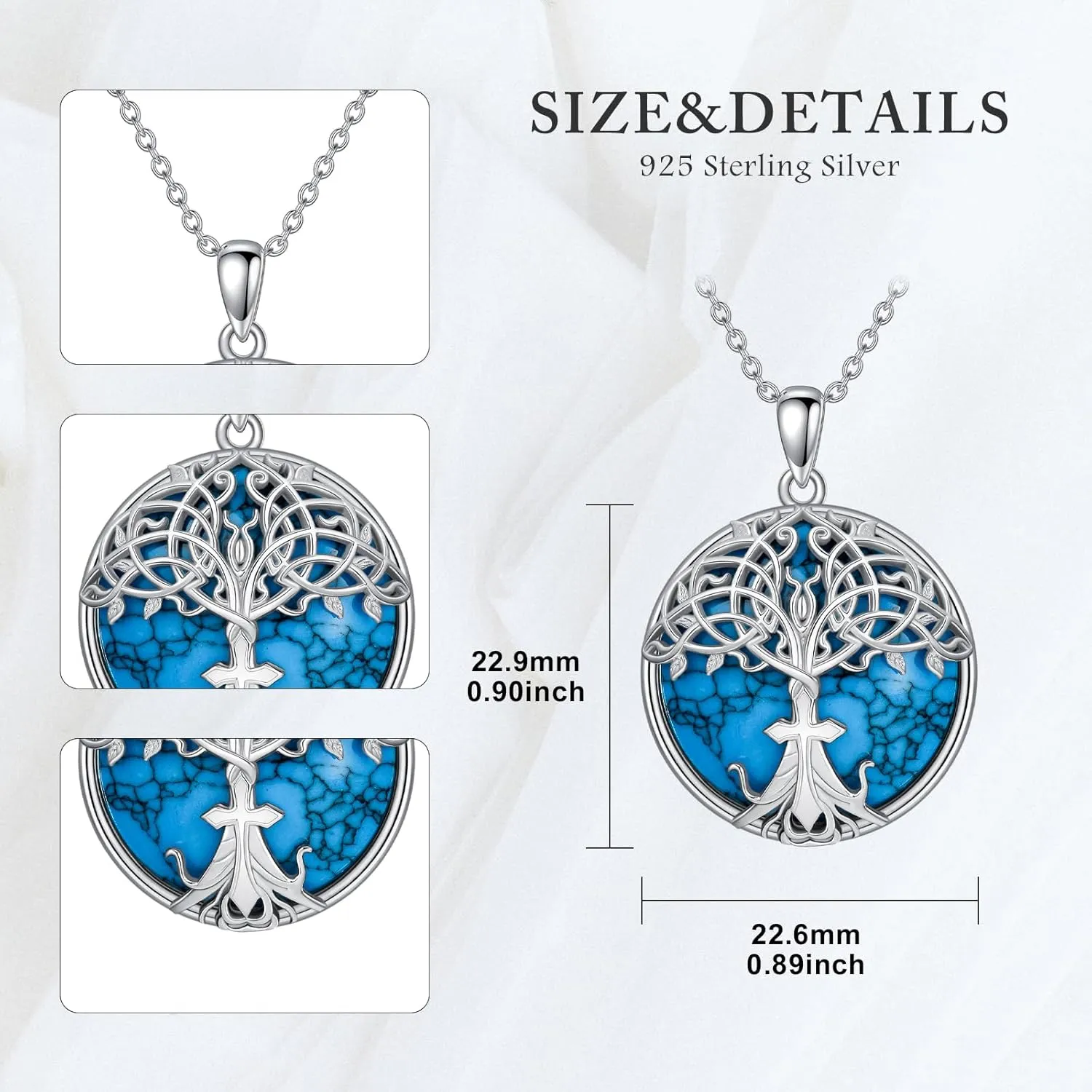 Tree of Life Necklace 925 Sterling Silver Turquoise Celtic Knot Cross/Flower of Life Necklace Family Tree Pendant Celtics Tree Necklaces Religious Jewelry Gifts for Women
