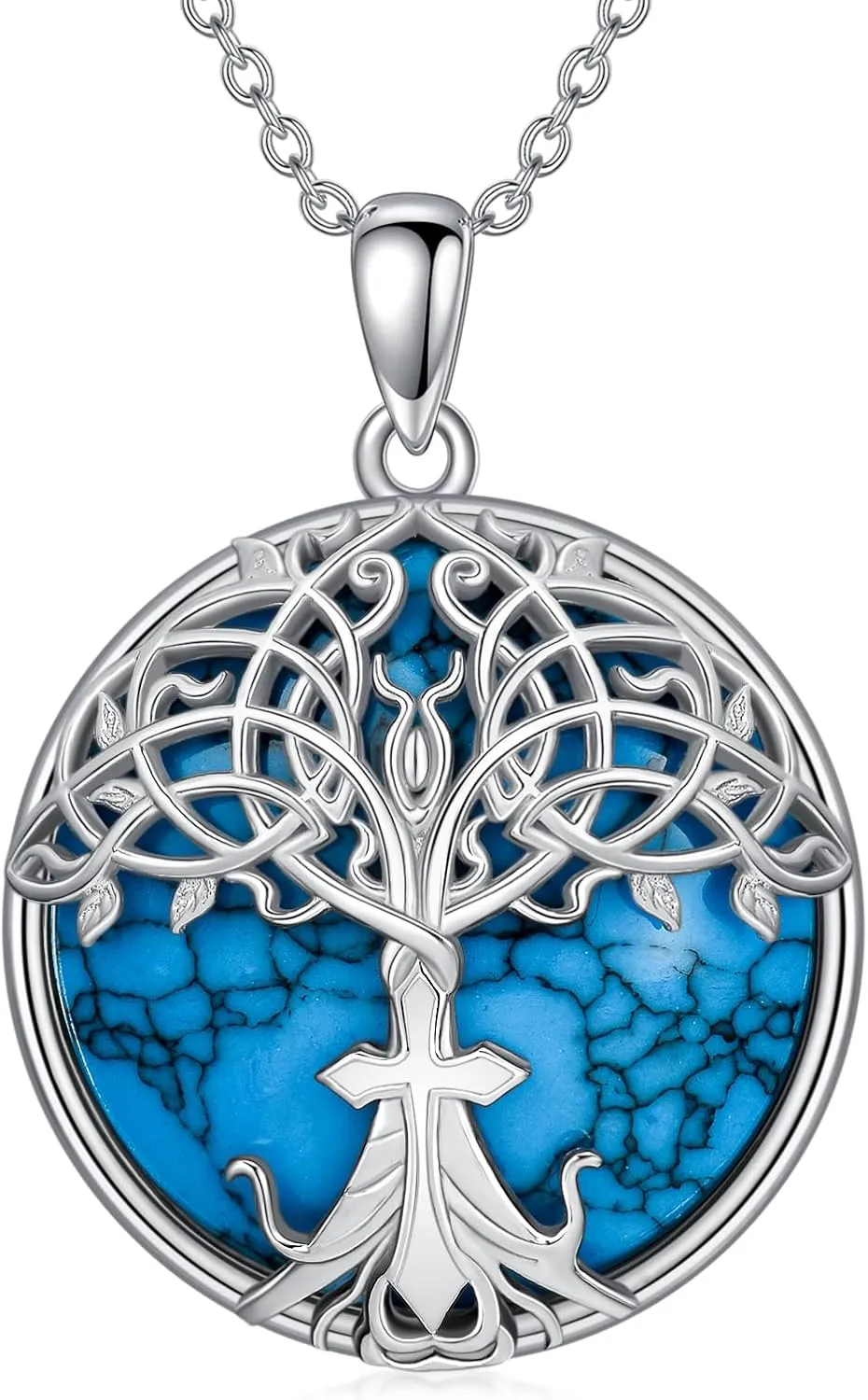 Tree of Life Necklace 925 Sterling Silver Turquoise Celtic Knot Cross/Flower of Life Necklace Family Tree Pendant Celtics Tree Necklaces Religious Jewelry Gifts for Women