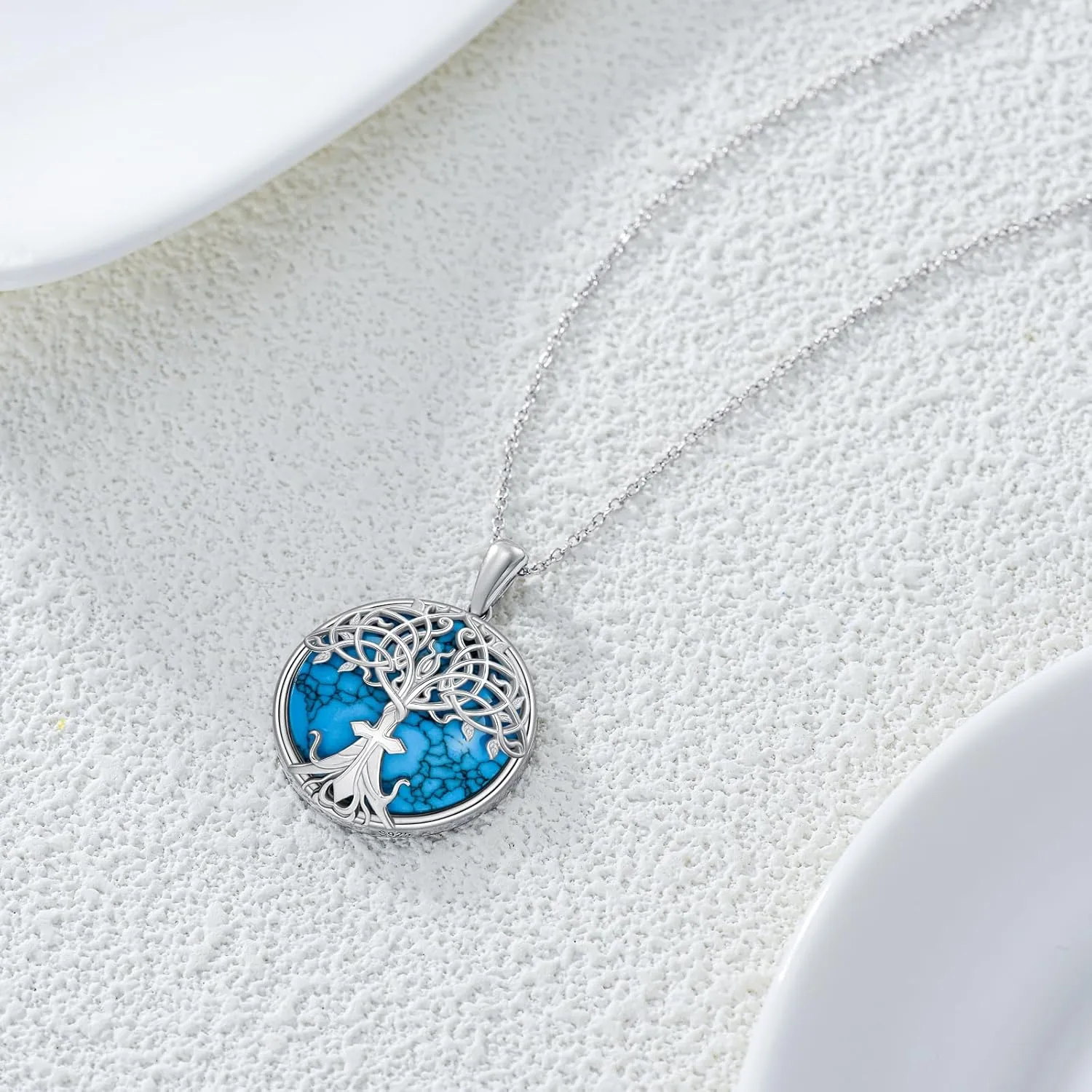 Tree of Life Necklace 925 Sterling Silver Turquoise Celtic Knot Cross/Flower of Life Necklace Family Tree Pendant Celtics Tree Necklaces Religious Jewelry Gifts for Women