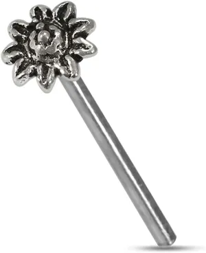 Tribal Flower Oxidized 925 Sterling Nose Stud - Unique Nose Ring- Silver Straight Nose Stud- Thin Nose Ring- 22 Gauge Nose Ring