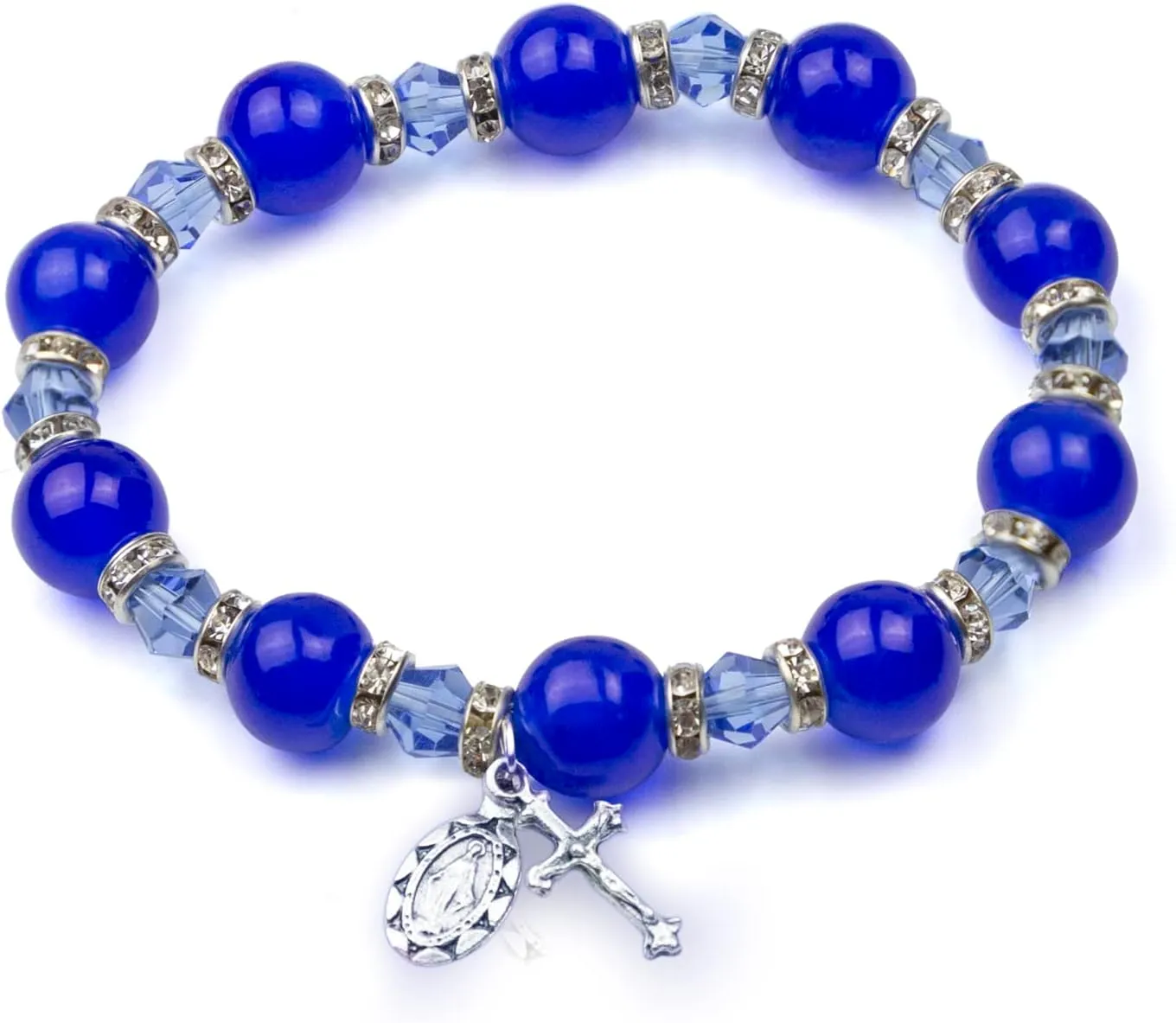 True Faith Jewelry Rosary Bracelet, Round Colored Glass Beaded Bracelets For Women With Miraculous Medal And Crucifix Charms, Religious Stretch Fit Catholic Rosaries, Blue, 7 Inch