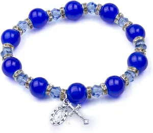 True Faith Jewelry Rosary Bracelet, Round Colored Glass Beaded Bracelets For Women With Miraculous Medal And Crucifix Charms, Religious Stretch Fit Catholic Rosaries, Blue, 7 Inch