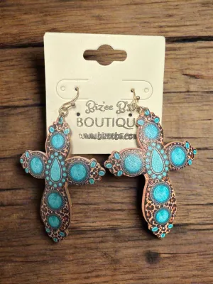 Turquoise and Cheetah Cross Earrings