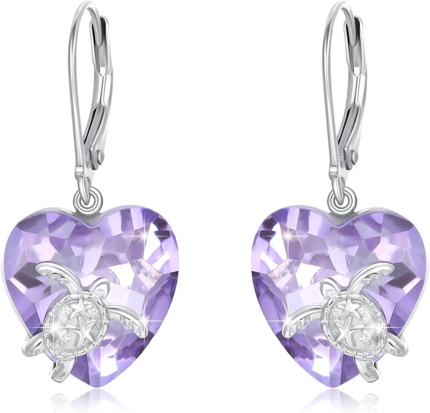 Turtle Earrings for Women Sister 925 Sterling Silver Sea Turtle Dangle Drop Leverback Earrings with Heart Shaped Purple Crystal Animal Ocean Beach Jewelry Gifts for Turtle Lover