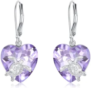 Turtle Earrings for Women Sister 925 Sterling Silver Sea Turtle Dangle Drop Leverback Earrings with Heart Shaped Purple Crystal Animal Ocean Beach Jewelry Gifts for Turtle Lover