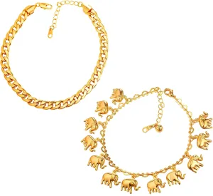 U7 2Pcs Gold Anklets for Women, Elephant Anklets, Cuban Link Ankle Bracelet