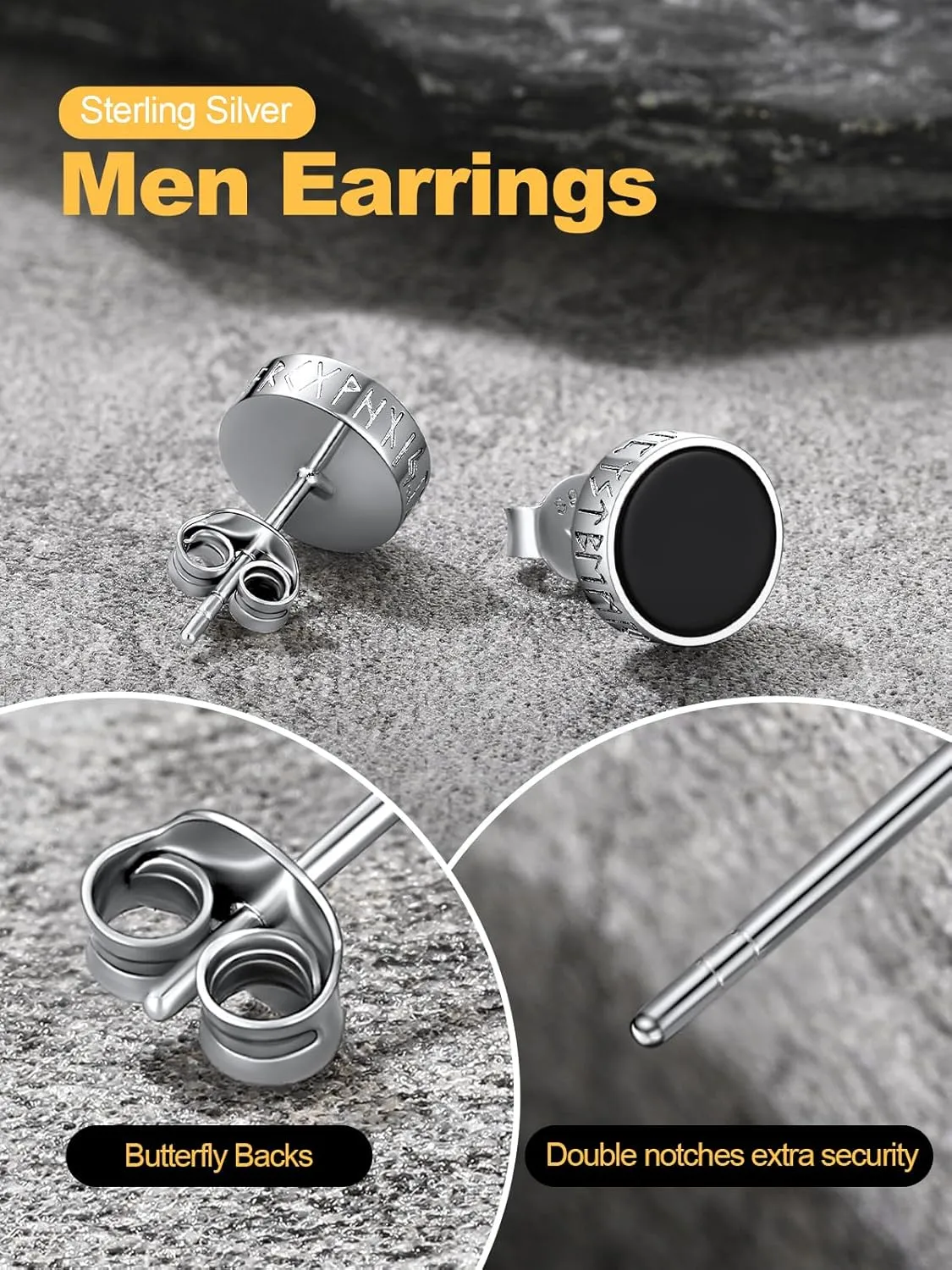U7 925 Sterling Silver Black Onyx Stud Earrings with Viking Rune Cubic Zirconia Earrings for Men Women
