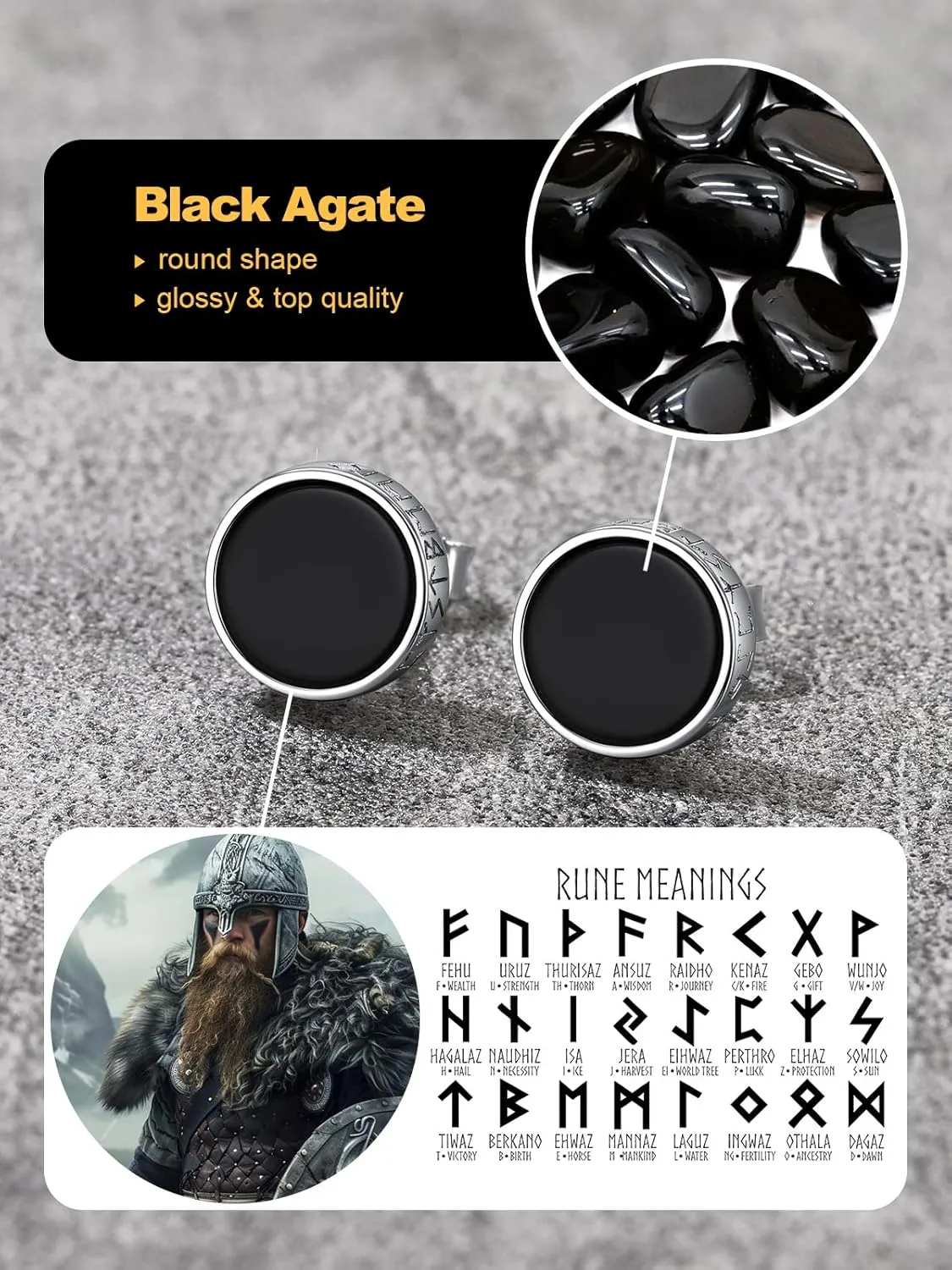 U7 925 Sterling Silver Black Onyx Stud Earrings with Viking Rune Cubic Zirconia Earrings for Men Women