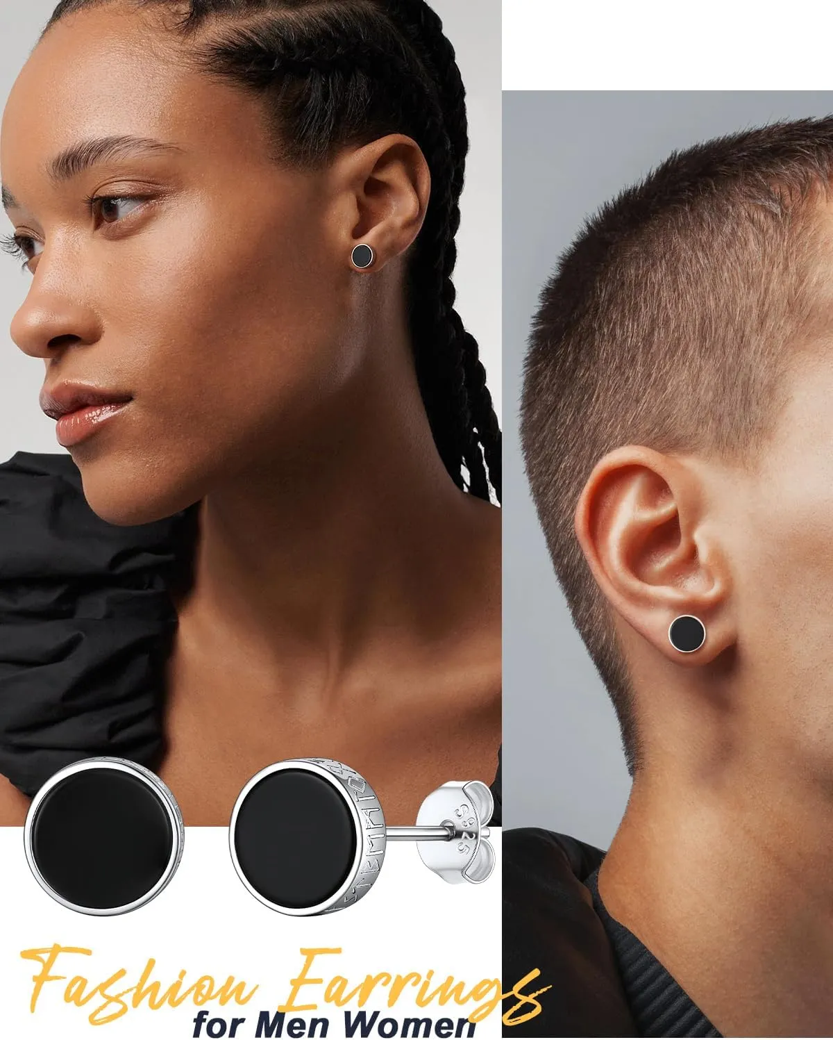 U7 925 Sterling Silver Black Onyx Stud Earrings with Viking Rune Cubic Zirconia Earrings for Men Women