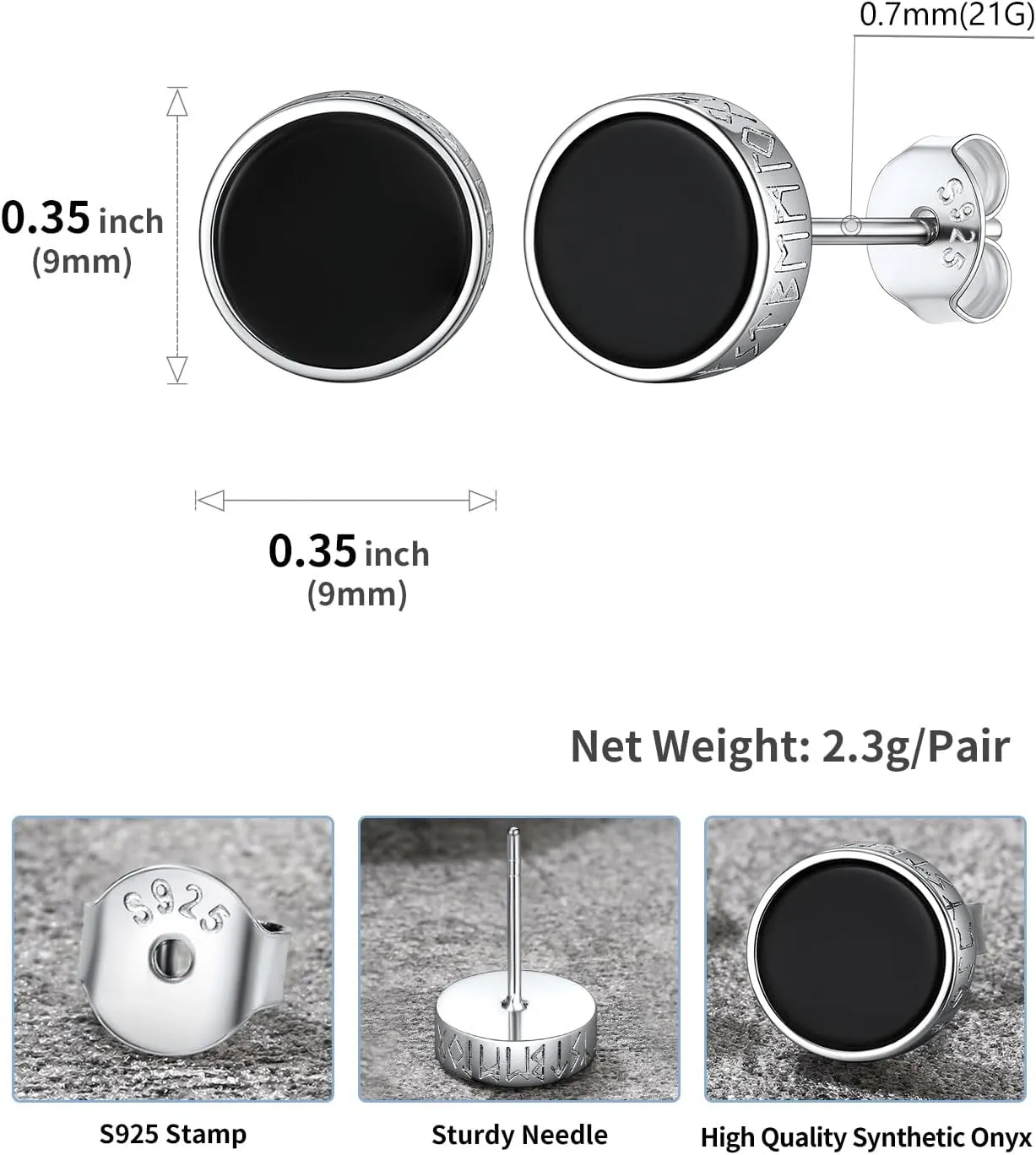 U7 925 Sterling Silver Black Onyx Stud Earrings with Viking Rune Cubic Zirconia Earrings for Men Women
