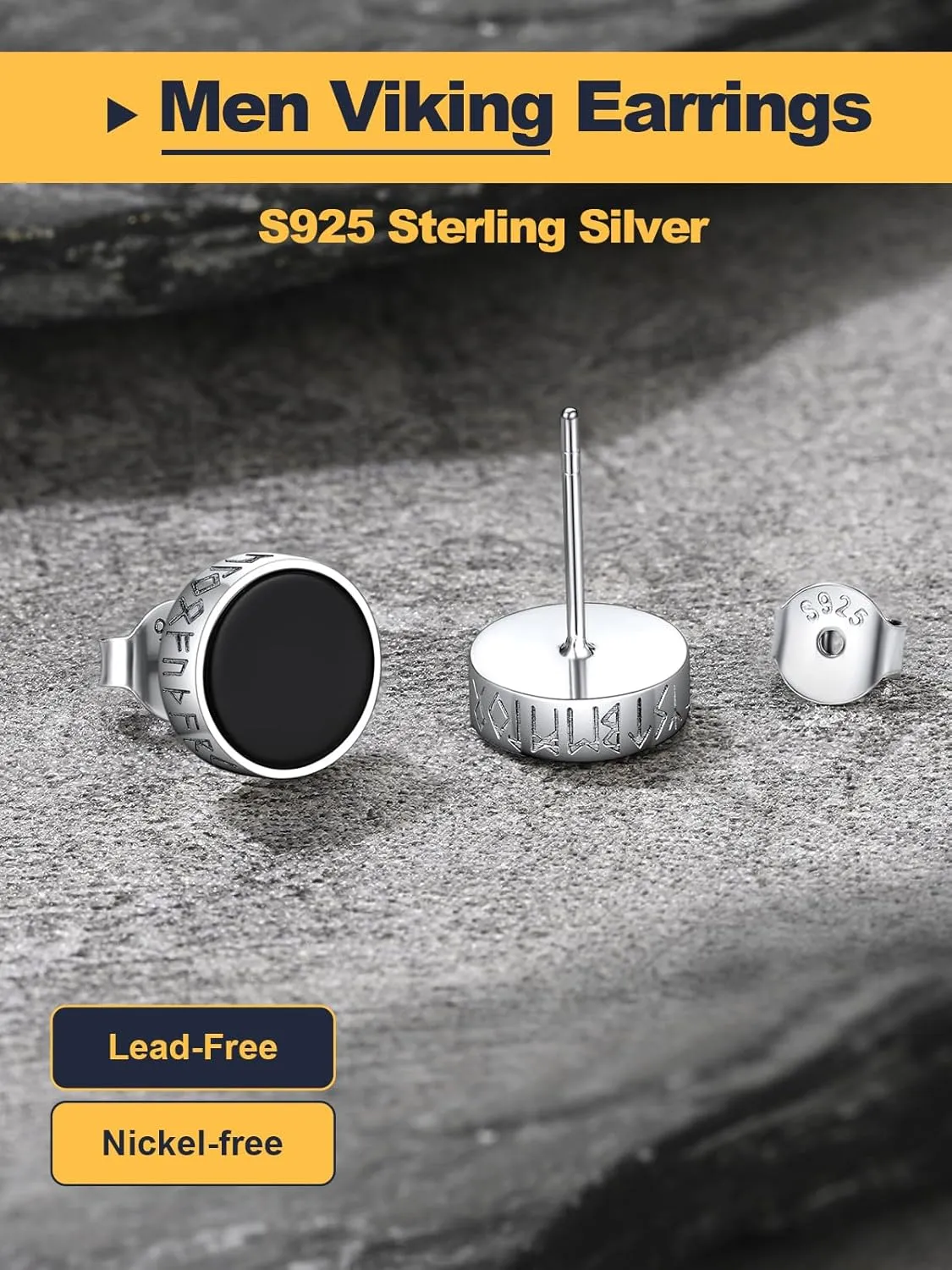 U7 925 Sterling Silver Black Onyx Stud Earrings with Viking Rune Cubic Zirconia Earrings for Men Women