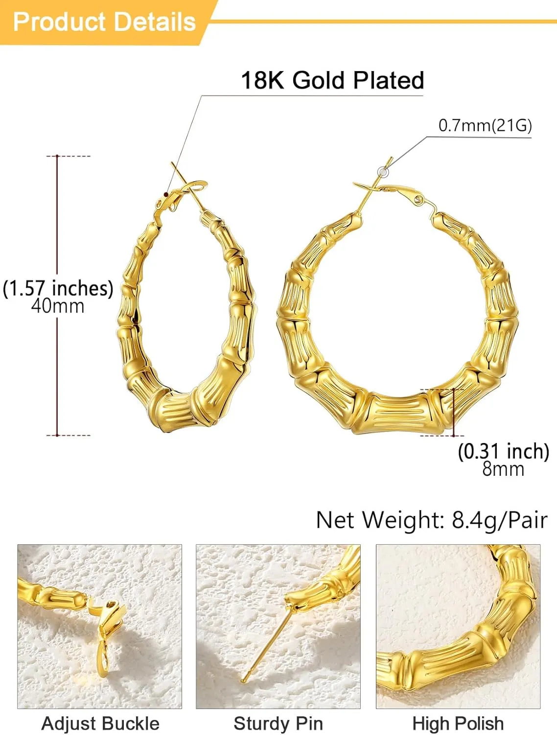 U7 Bamboo Earrings for Women 18K Gold Plated/Stainless Steel/Personalized Black Statement Extra Large Hoop Earrings 80s 90s Custom Name Huggie Earrings for Party Fashion Jewlery