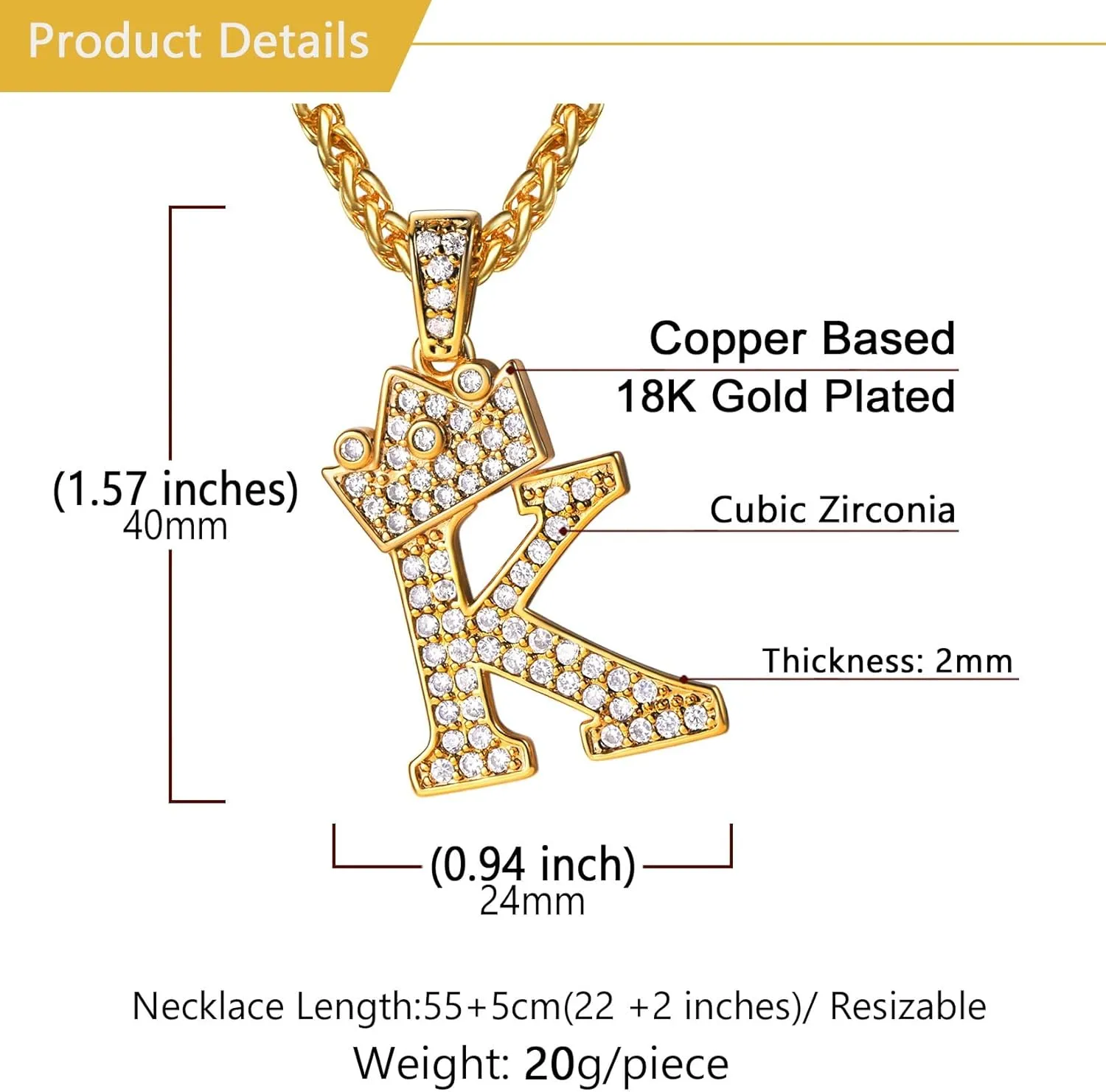 U7 Crown Initial A-Z Necklace, Iced Out Letter Pendant with 22-24 Inch Chain, Men Women Bling Hip Hop Alphabet Name Jewelry Big Initials Necklaces Color Steel,Black,Gold