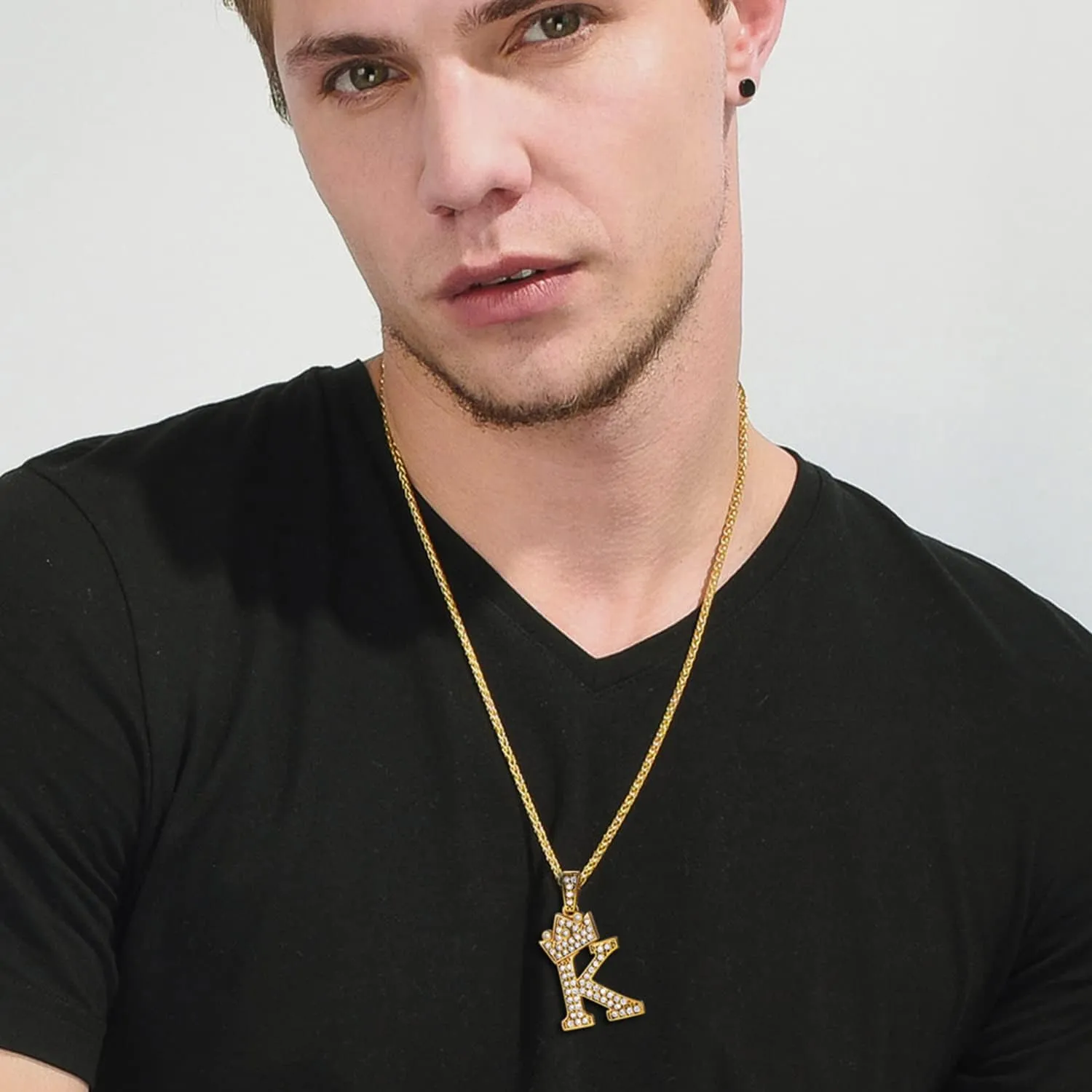 U7 Crown Initial A-Z Necklace, Iced Out Letter Pendant with 22-24 Inch Chain, Men Women Bling Hip Hop Alphabet Name Jewelry Big Initials Necklaces Color Steel,Black,Gold