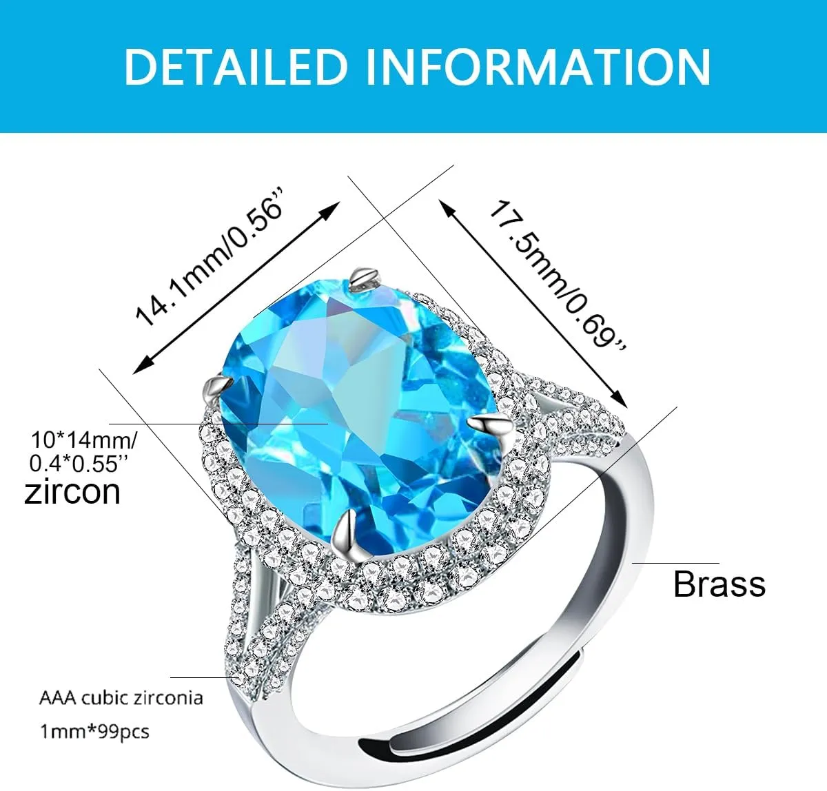 Uloveido Adjustable Platinum Plated Crystal Rings, Big Oval Cubic Zirconia Ring, Solitaire Split Shank Rings Birthstone Jewelry Gifts Y927