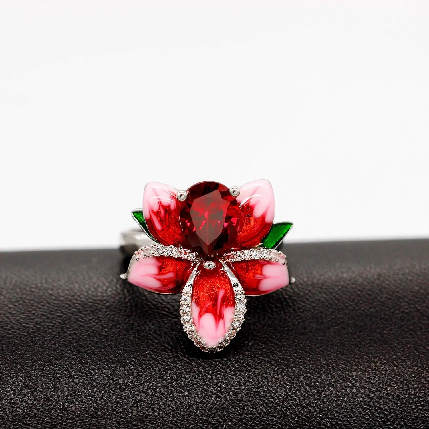 Uloveido Beautiful Red Enamel Rose Ring for Women Blossom Flower Rings with Pear Cut Cubic Zirconia Cocktail Summer Ring RA627