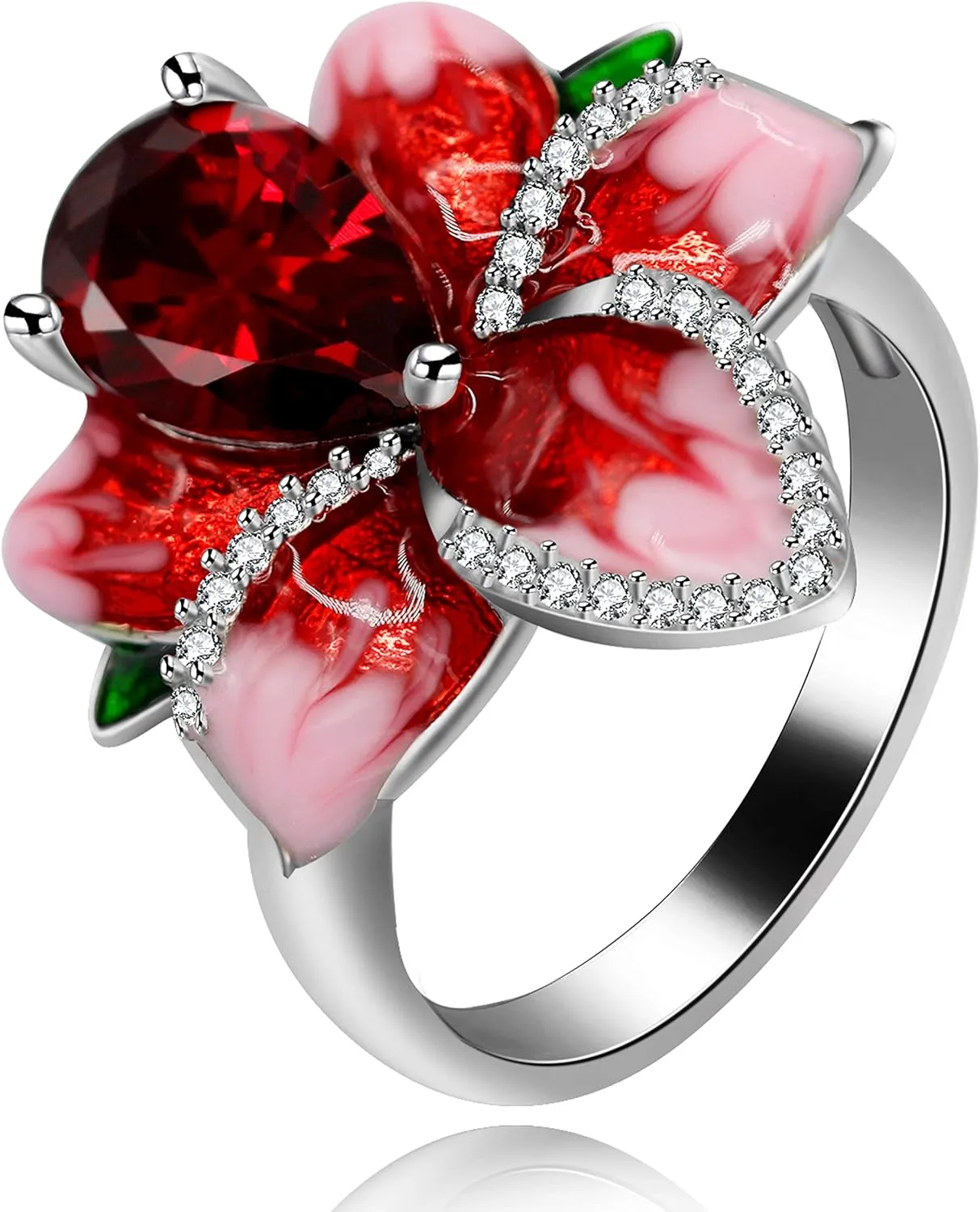 Uloveido Beautiful Red Enamel Rose Ring for Women Blossom Flower Rings with Pear Cut Cubic Zirconia Cocktail Summer Ring RA627