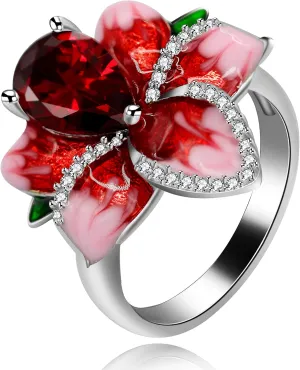 Uloveido Beautiful Red Enamel Rose Ring for Women Blossom Flower Rings with Pear Cut Cubic Zirconia Cocktail Summer Ring RA627