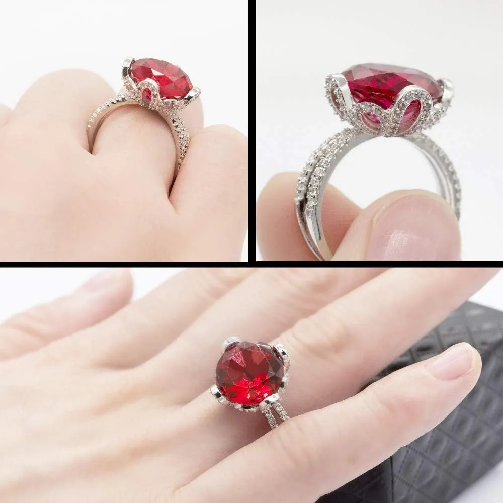 Uloveido Female Unique Beautiful Red Flower Engagement Wedding Ring - Charm Created Garnet Diamond Jewelry for Women (Size 6 7 8 9 10) RJ212