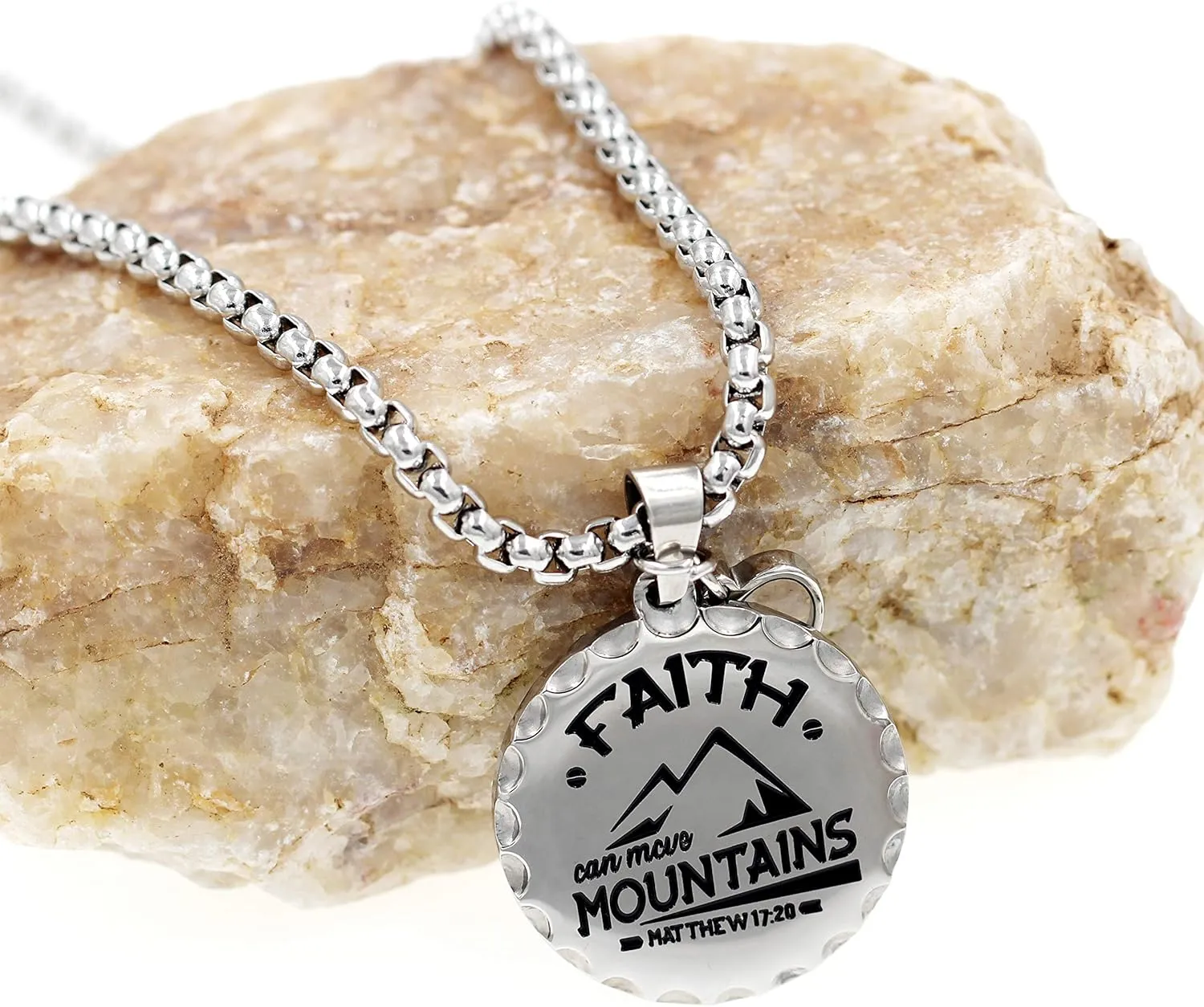 Uloveido Stainless Steel Christian Coin Pendant Necklace Faith Can Move Mountains Matthew 17:20 with Mustard Seed Charms