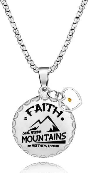 Uloveido Stainless Steel Christian Coin Pendant Necklace Faith Can Move Mountains Matthew 17:20 with Mustard Seed Charms