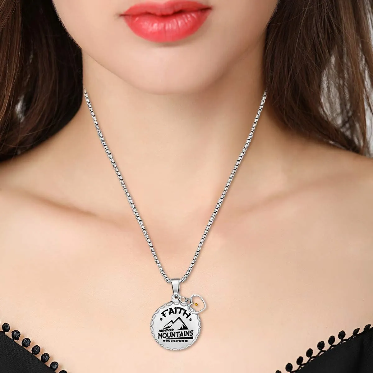 Uloveido Stainless Steel Christian Coin Pendant Necklace Faith Can Move Mountains Matthew 17:20 with Mustard Seed Charms