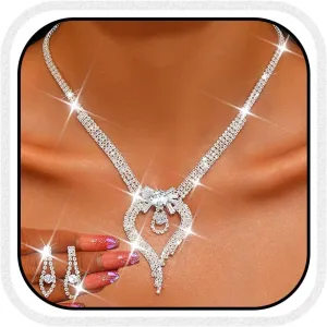 Unicra Rhinestone Bridal Wedding Jewelry Set Silver Necklace Earrings Sets Heart Prom Formal Costume Jewelry Sets for Women and Brides