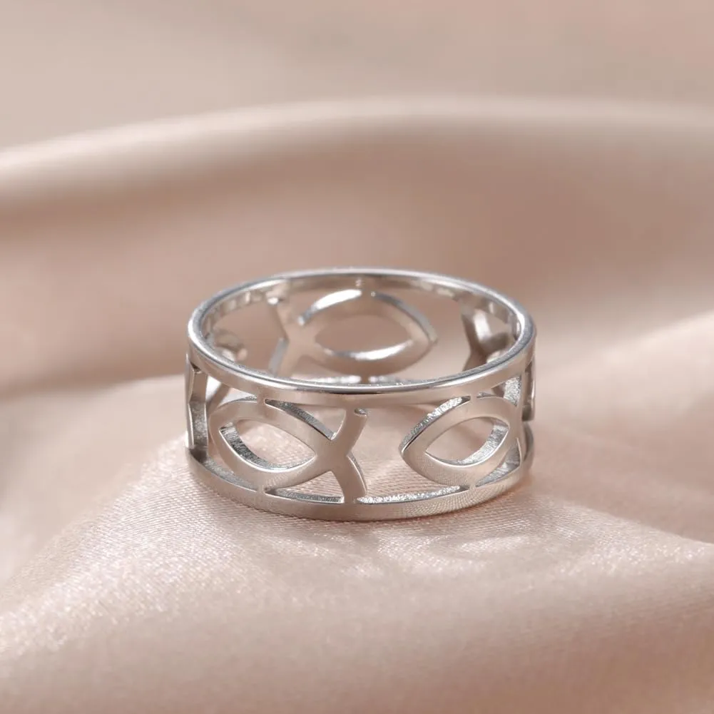 UNIFT Jesus Fish Rings For Men Women Stainless Steel Skeleton Style Christian Symbol Jesus Fish Rings Faith Jewelry