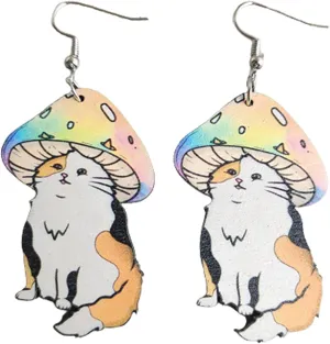 Unique Creative Cartoon Colorful Mushroom Cat Frog Drop Dangle Earring Handmade Lightweignt Wooden Moon Sun Star Earring for Women Cute Funny Holiday Gifts
