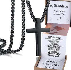 Unique Cross Necklace Gifts with Pull Out Gift Box for Son/Grandson/Dad/Love on Graduation/Father's Day/Birthday-Black/Silver(Various Sizes)