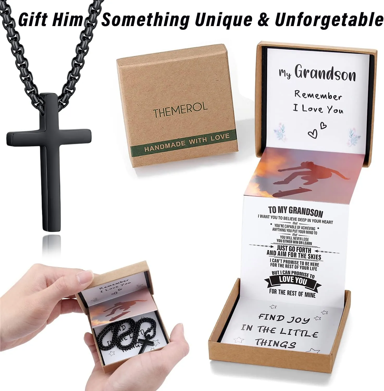 Unique Cross Necklace Gifts with Pull Out Gift Box for Son/Grandson/Dad/Love on Graduation/Father's Day/Birthday-Black/Silver(Various Sizes)